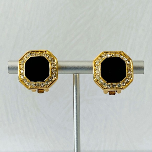 Vintage Christian Dior Black Enamel Rhinestone Earrings Gold Plate Hexagonal 90s - Picture 5 of 5